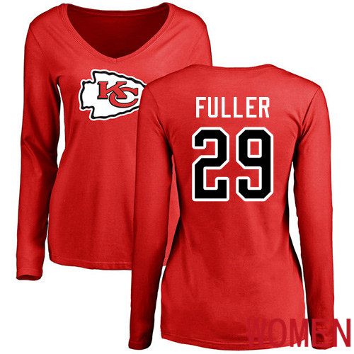 Women Football Kansas City Chiefs #29 Fuller Kendall Red Name and Number Logo Slim Fit Long Sleeve T-Shirt